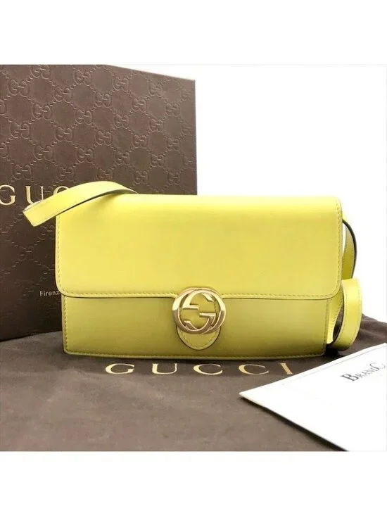 Gucci Interlocking 2-Way Shoulder Bag Wallet Lime Yellow Leather - Picture 1 of 10